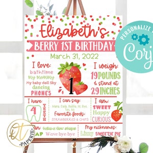 Strawberry Birthday Sign, Berry 1st Birthday, Editable Strawberry Birthday Decor, Strawberry Milestone Download, Berry Sweet Sign Corjl