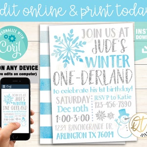Blue Onederland Invitation, Boy Onederland Birthday Invitation, Winter First Birthday Invite, Winter Onederland Party, Snowflake Birthday
