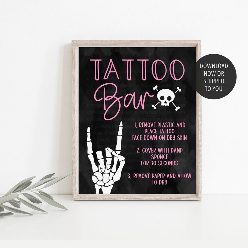 Bad TWO the Bone Tattoo Bar Sign, Skull Bones Tattoo Bar Sign, Rock On Birthday Party Sign, Bad 2 the Bone Birthday Game, Party Decor Pink