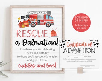 Rescue a Dalmatian Sign, Dalmatian Adoption Certificate, Firefighter Birthday Decor, Stuffed Dog Adoption, Firefighter Party Favor