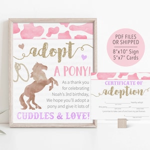 Pony Adoption Sign, Adopt a Pony Certificate, Girl Horse Birthday Decoration, Pony Animal Adoption, Pink Horse Adoption, Adopt an Animal