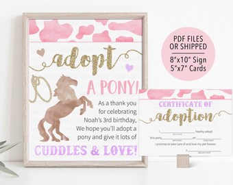 Pony Adoption Sign, Adopt a Pony Certificate, Girl Horse Birthday Decoration, Pony Animal Adoption, Pink Horse Adoption, Adopt an Animal