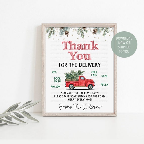 Delivery Driver Thank You Sign, Christmas Snack Drink Sign, Red Truck Mail Carrier Sign, Editable Thank you Delivery Sign Christmas Delivery