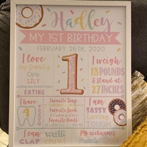 K&ouml;nnte beinhalten: Ein rosa-wei&szlig;es erstes Geburtstagsschild mit Donut-Motiv. Das Schild enth&auml;lt den Namen Hadley, das Datum 26. Februar 2020 und Details zum Alter, Gewicht, Gr&ouml;&szlig;e, Lieblingsdingen und F&auml;higkeiten des Kindes. Das Schild ist mit bunten Streuseln und Donuts verziert.