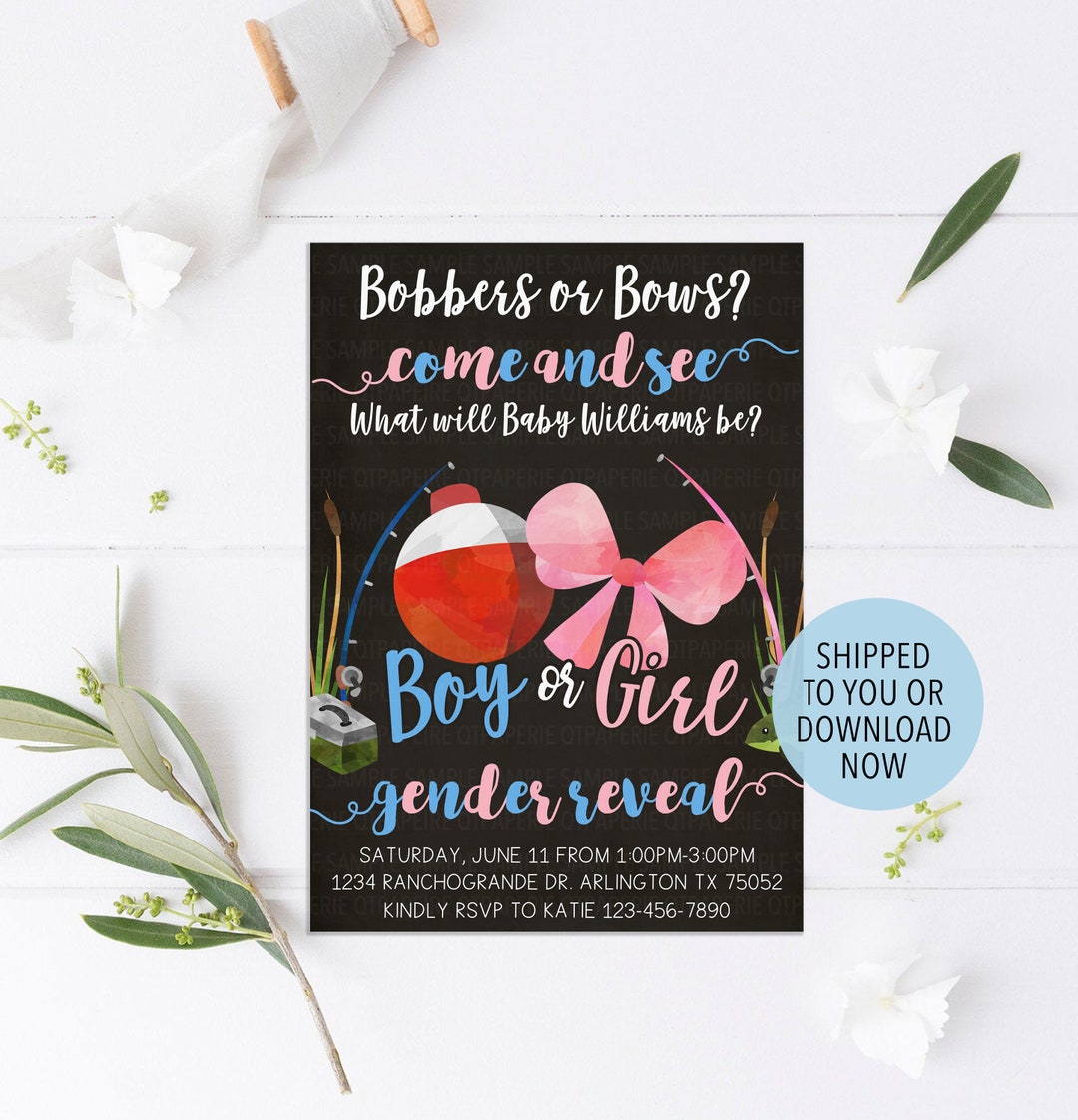 Bobbers or Bows Gender Reveal Invitation, Bobber or Bow Invitation