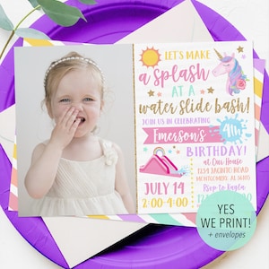 May include: A birthday party invitation with a photo of a young child. The invitation features the text "Let's Make a Splash at a Water Slide Bash!" with a unicorn illustration and event details. The invitation is on a purple plate.