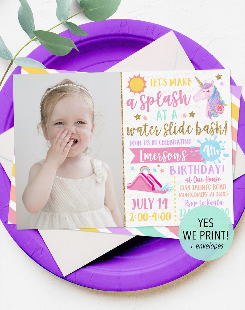 May include: A birthday party invitation with a photo of a young child. The invitation features the text "Let's Make a Splash at a Water Slide Bash!" with a unicorn illustration and event details. The invitation is on a purple plate.