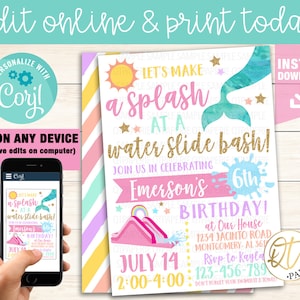 Mermaid Water Slide Invitation Template, Mermaid Water Slide Birthday Invitation, Waterslide Party Invitation, Instant Download Corjl Invite