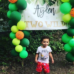 Pu&ograve; includere: Un bambino piccolo indossa una maglietta bianca con la scritta "Ayden is Two Wild!" e pantaloncini rossi. &Egrave; in piedi davanti a un arco di palloncini verdi e gialli. I palloncini sono decorati con una stampa a tigre. Uno striscione dietro il bambino recita "Ayden is Two Wild!"