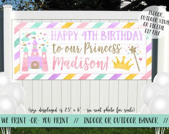 May include: A pink and purple princess-themed birthday banner with a castle, crown, and wand. The banner reads "Happy 4th Birthday to our Princess Madison!" and is 2.5 feet by 6 feet.