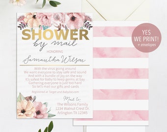 Shower by Mail Invitation, Flower Long Distance Baby Shower Invitation, Floral Shower by Mail, Printed Baby Shower by Mail Invite