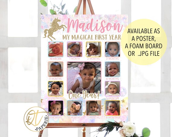Unicorn 1st Year Sign, Unicorn Birthday Photo Collage, Unicorn First Year, Unicorn Monthly Photo, Unicorn Picture Sign, First 12 Months