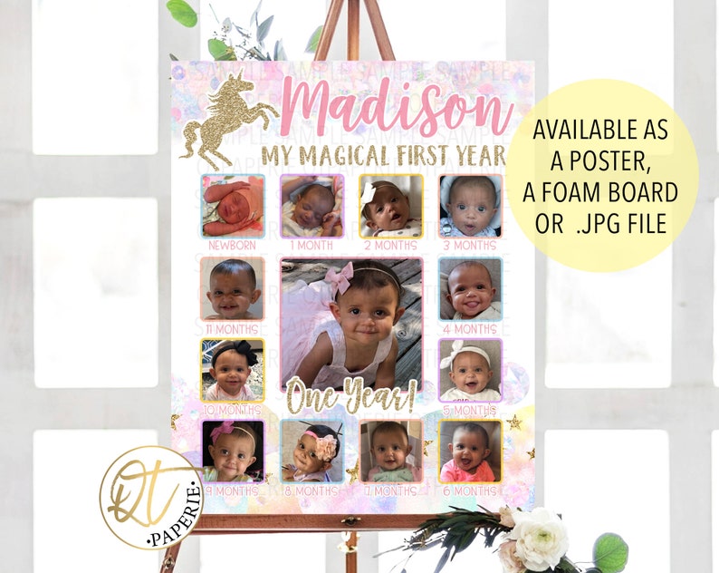 Puede incluir: Un collage de fotos de primer a&ntilde;o con tem&aacute;tica de unicornio rosa y azul con fondo de purpurina dorada. El collage presenta 12 fotos de una ni&ntilde;a, cada foto etiquetada con la edad del beb&eacute; en meses. El texto "Madison My Magical First Year" est&aacute; en la parte superior del collage. El texto "Disponible como p&oacute;ster, tablero de espuma o archivo .jpg" est&aacute; en el lado derecho del collage.