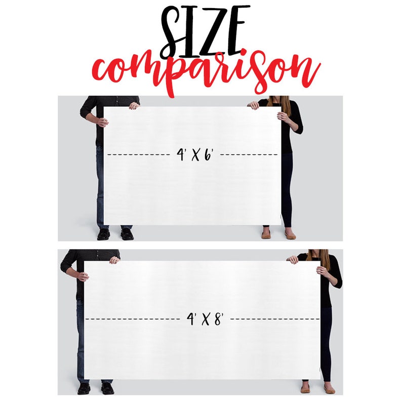 Puede incluir: Dos personas sosteniendo carteles rectangulares blancos con l&iacute;neas discontinuas negras y el texto "4' x 6'" y "4' x 8'" impreso en ellos. El texto "SIZE comparison" est&aacute; impreso en rojo en la parte superior de la imagen.