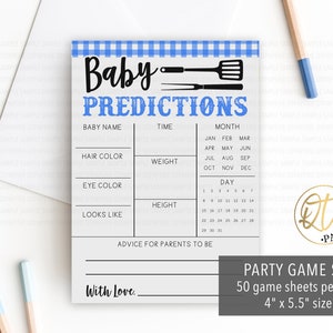 May include: A blue and white checkered printable baby shower game card with the text "Baby Predictions". The card has spaces to fill in the baby's name, time of birth, hair color, weight, eye color, height, and what the baby looks like. It also includes a calendar to guess the month and day of birth. The card is 4 inches by 5.5 inches and comes in a set of 50.