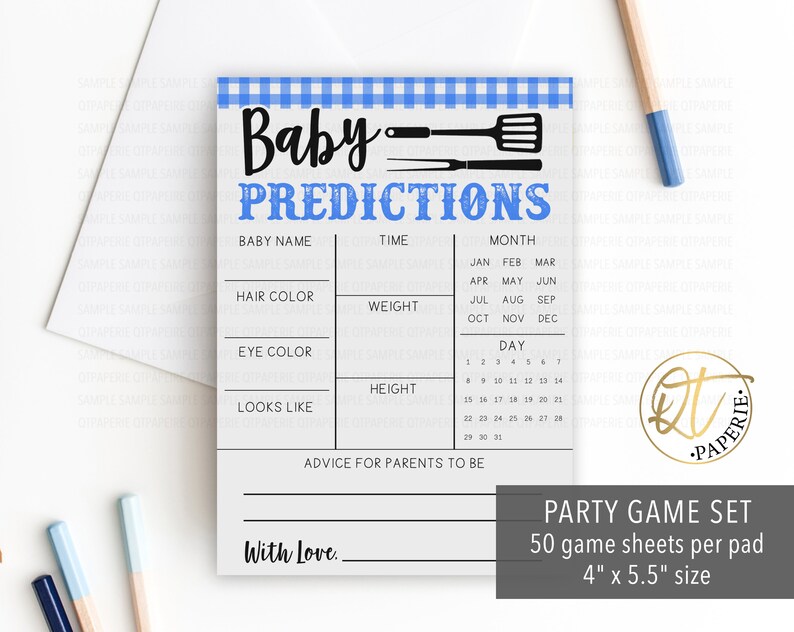May include: A blue and white checkered printable baby shower game card with the text "Baby Predictions". The card has spaces to fill in the baby's name, time of birth, hair color, weight, eye color, height, and what the baby looks like. It also includes a calendar to guess the month and day of birth. The card is 4 inches by 5.5 inches and comes in a set of 50.