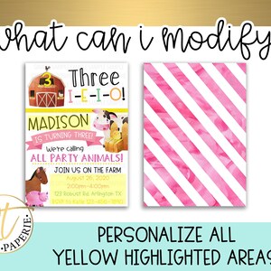 May include: A pink and white striped background with a customizable invitation for a farm-themed birthday party. The invitation features a cartoon barn, animals, and the text "Three 1-E-I-O! Madison is turning three! We're calling all party animals! Join us on the farm August 26, 2020 2:00pm-4:00pm 123 Robust Rd. Arlington TX RSVP to Katie 123-456-7890".