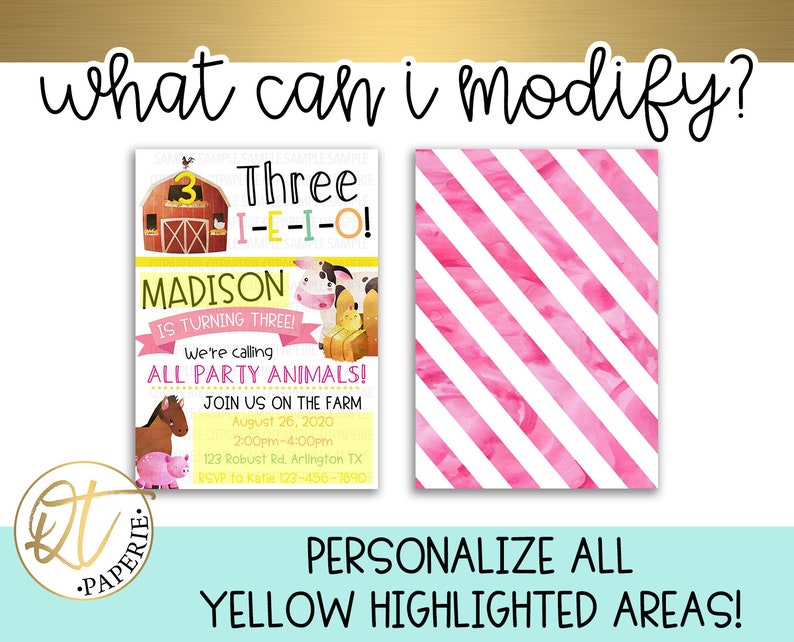 May include: A pink and white striped background with a customizable invitation for a farm-themed birthday party. The invitation features a cartoon barn, animals, and the text "Three 1-E-I-O! Madison is turning three! We're calling all party animals! Join us on the farm August 26, 2020 2:00pm-4:00pm 123 Robust Rd. Arlington TX RSVP to Katie 123-456-7890".