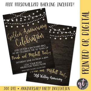 May include: A rustic wood background with string lights and a gold inscription that reads "Golden Anniversary Celebration". The text below invites guests to a backyard BBQ to celebrate Norah and Mitchell Barley's 50th wedding anniversary. The date, time, and location are included, along with an RSVP request.