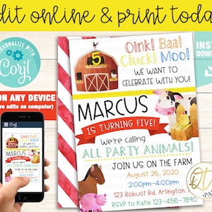 Farm Invitation, Farm Birthday Invitation Printable, Farm Animals Party Invite, Barnyard Invitation, Farm Themed, Editable, Instant download