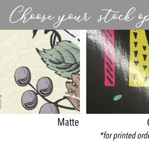 May include: Two close-up images showing the difference between matte and glossy paper finishes. The matte image shows a floral design with a subtle texture. The glossy image shows a colorful geometric design with a shiny, reflective surface.  *For printed orders only*
