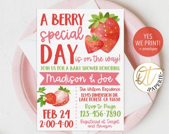 Strawberry Baby Shower Invitation, Berry Special Day Invitation, Editable Berry Baby Shower Invite, Strawberry Decoration, Corjl Download