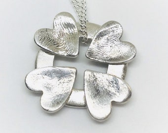 Four Fingerprint Necklace, Silver Heart Pendant, Gift for Mum or Daughter