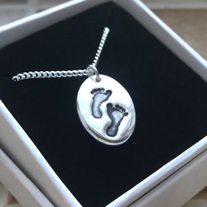 Double Foot Prints Necklace, Silver Heart Pendant, Bespoke Personalised Gift for Mum Daughter Grandmother