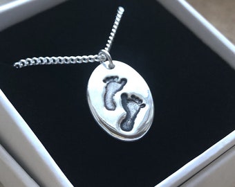 Double Foot Prints Necklace, Silver Heart Pendant, Bespoke Personalised Gift for Mum Daughter Grandmother