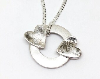 Double Fingerprint Necklace in Silver, Bespoke Personalised Gift for Mum Daughter or Grandmother