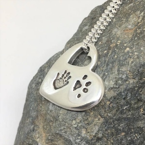 Hand Paw Print Necklace, Double Silver Heart Pendant, Bespoke Personalised Gift for Dog or Cat Lover