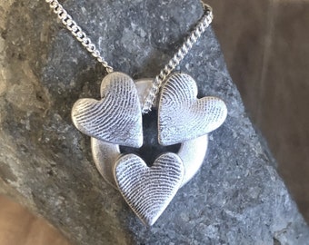 Triple Fingerprint Necklace in Silver, Bespoke Personalised Gift for Mum Daughter or Grandmother