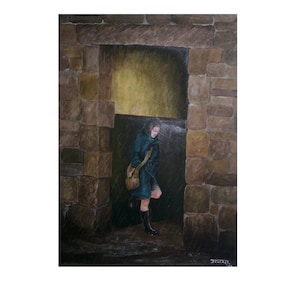 May include: A painting of a person in a blue coat standing in a doorway. The person is looking down and holding a bag. The doorway is made of stone and there is rain falling.