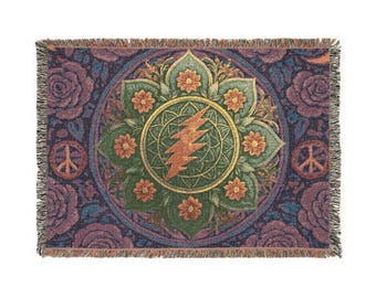 Grateful Dead Lightning Bolt Mandala Woven Blanket | Psychedelic Hippie Throw