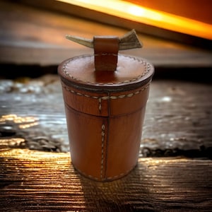 Rustic Leather Container with Deerhorn Handle - Handmade for Airtight Storage - Functional Art Piece