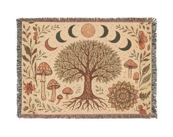 Tree of Life woven blanket | moon phases, mushrooms, botanical tapestry