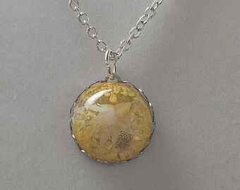 Handmade Resin Pendant Necklace – Abstract Yellow Flower, Silver Chain