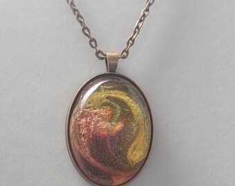 Copper Resin Cabochon Necklace – Handmade Artisan Pendant, Swirling Gold & Red Tones, Artisan Jewelry Gift