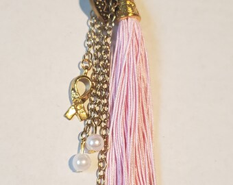 Pink Ribbon Awareness Keychain with Tassel & Pearls