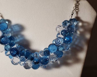 Chunky Blue Beaded Choker Necklace, Statement Jewelry