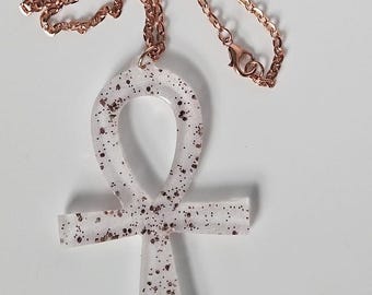 Pearlescent White Ankh Necklace | Rose Gold Chain | Handmade Resin Pendant | Spiritual Symbol Jewelry | Pink & Rose Gold Shimmer Gift
