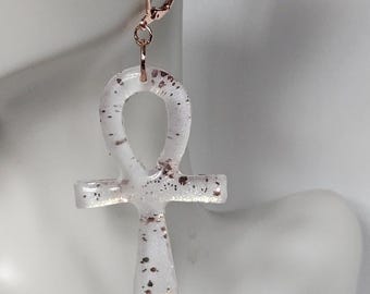 Pearlescent White Ankh Earrings | Rose Gold Shimmer Dangle Jewelry