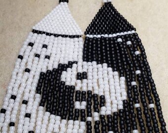 Handmade Yin Yang Seed Bead Fringe Earrings, Boho Style