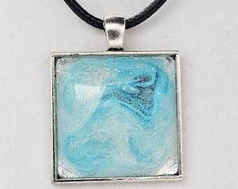 Ocean Blue Square Resin Pendant Necklace – Handmade Abstract Sea-Inspired, Artisan Gift for Her