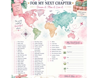 Lista de deseos de viaje imprimible, rastreador de destinos soñados, tablero de visión de viaje, hoja de trabajo para planificación de vacaciones, descarga digital imprimible