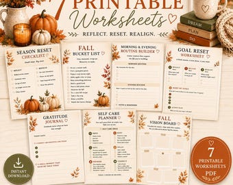 Cuaderno de trabajo para el otoño / 7 hojas de trabajo imprimibles para mujeres / Planificador de autocuidado de otoño, lista de deseos de otoño, tablero de visión, diario de gratitud (PDF)