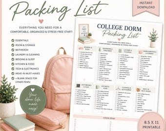 Lista de equipaje para la residencia universitaria, Lista de organización para la habitación de la residencia universitaria, Lista de equipaje para la universidad, Lista de verificación para la organización de la residencia universitaria para estudiantes de primer año