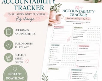 Planificador de responsabilidad imprimible / Rastreador de hábitos semanales para mujeres / Planificador de objetivos / Hoja de trabajo de productividad / Planificador de autocuidado y bienestar