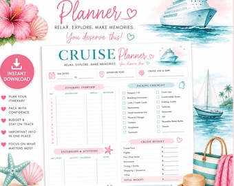 Planificador de cruceros imprimible, lista de equipaje para cruceros, lista de equipaje para cruceros, seguimiento de presupuesto, lista de equipaje de viaje para cruceros