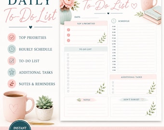 Lista de tareas diarias imprimible / Planificador diario en PDF / Planificador de productividad / Horario diario / Lista de prioridades / Planificador de gestión del tiempo